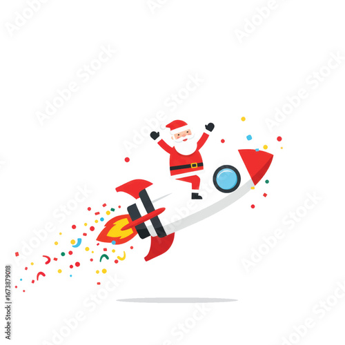 Joyful Santa Claus in a red suit riding a fast-moving rocket with a festive confetti trail.