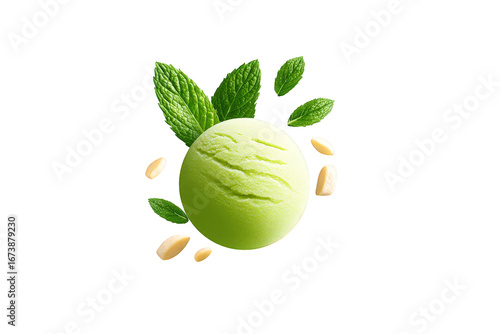 Fresh Green Ice Cream Ball with Mint Leaves and Nuts on Transparent Background