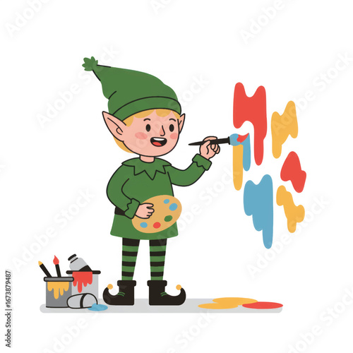 Cheerful cartoon elf artist in a green costume painting colorful abstract shapes.