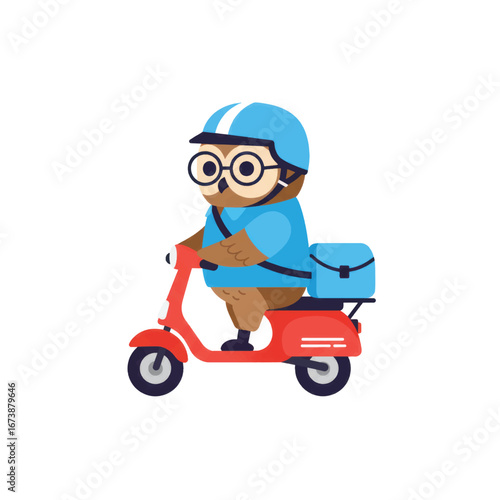 Cute cartoon owl courier wearing a blue helmet and glasses riding a red delivery scooter with a bag.