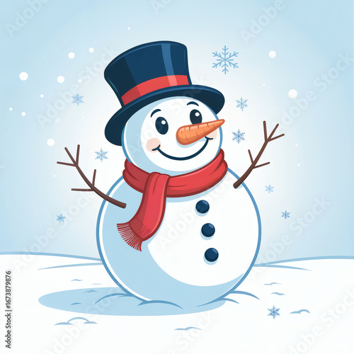 Joyful cartoon snowman in classic top hat and scarf embracing winter's magic with a cheerful smile