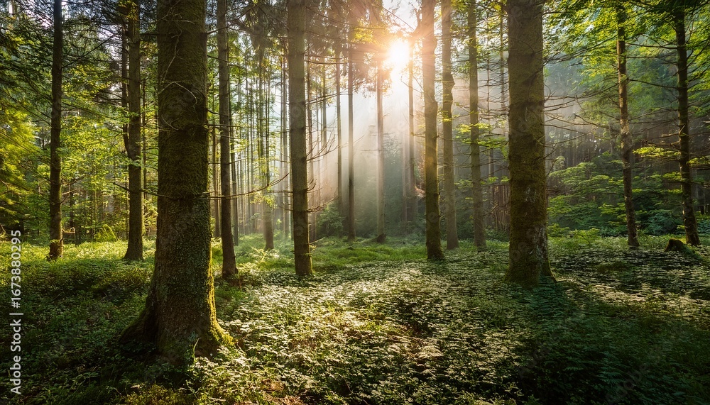 Fototapeta premium sunlight piercing through lush forest