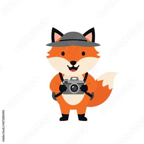 A cheerful cartoon fox photographer wearing a grey fedora hat and holding a vintage camera.