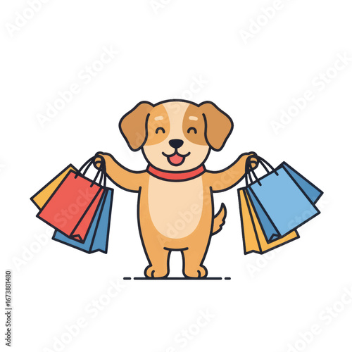 A cheerful cartoon dog with floppy ears happily holds colorful shopping bags after a sale.