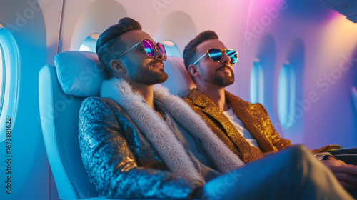 Stylish Men Enjoying Luxury Air Travel in First Class