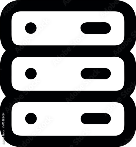 Minimalist black line icon of a server rack or database stack, a simple vector symbol for data storage, web hosting, and network technology