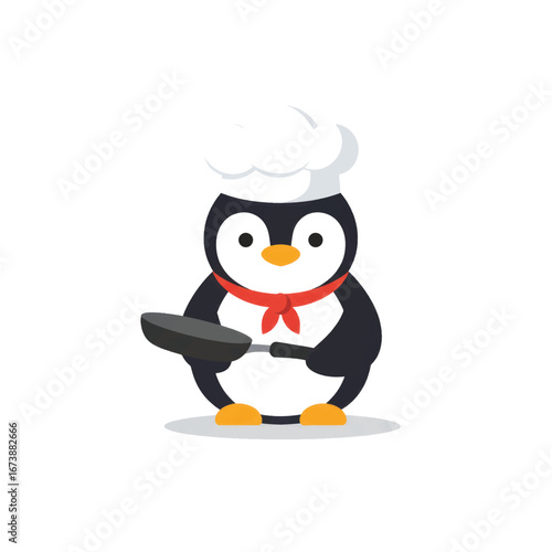 Cute cartoon penguin chef wearing a toque and red scarf holding a black frying pan.