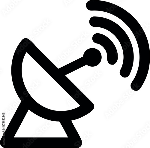 Simple black line art icon of a satellite dish symbolizing connectivity, broadcast, and modern technology