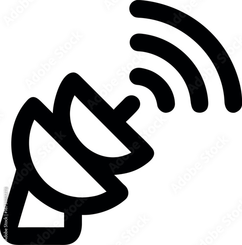 Minimalist black line icon of a satellite dish antenna broadcasting a signal, representing global communication, technology, and wireless data transfer