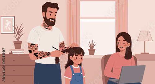 Tattooed father braiding daughter’s hair while mother works on laptop at home, showcasing modern family dynamics