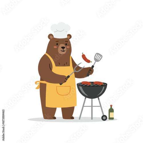 Happy cartoon brown bear in a chefs hat and yellow apron grilling sausages at a barbecue.