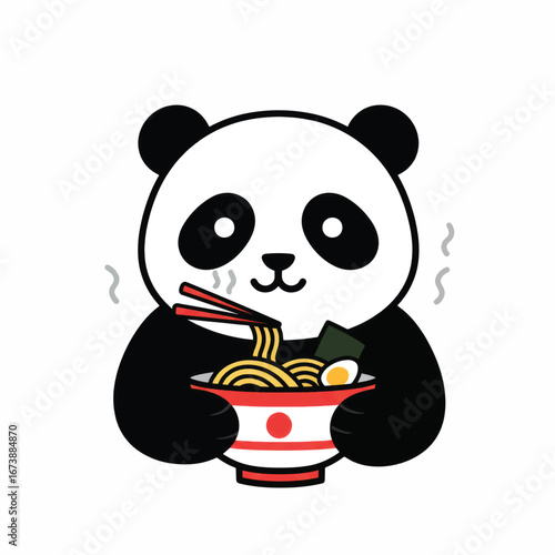 Cute cartoon panda bear happily eating a steaming bowl of Japanese ramen noodles with chopsticks.