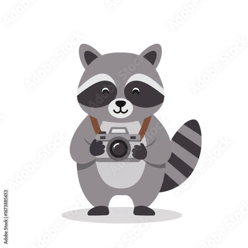 A cute cartoon raccoon photographer with a striped tail holding a camera.
