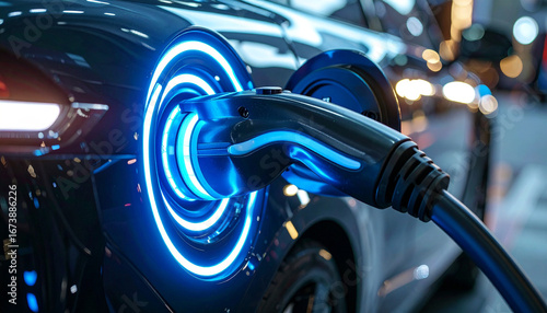 Electric Car Charging: A close-up shot captures the future of transport, depicting an electric vehicle being charged with a modern charging cable.