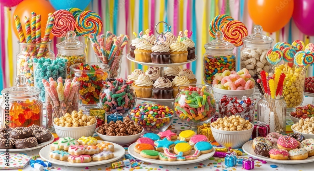 Fototapeta premium Colorful Candy Buffet with Cupcakes and Cookies: Birthday Party Treats