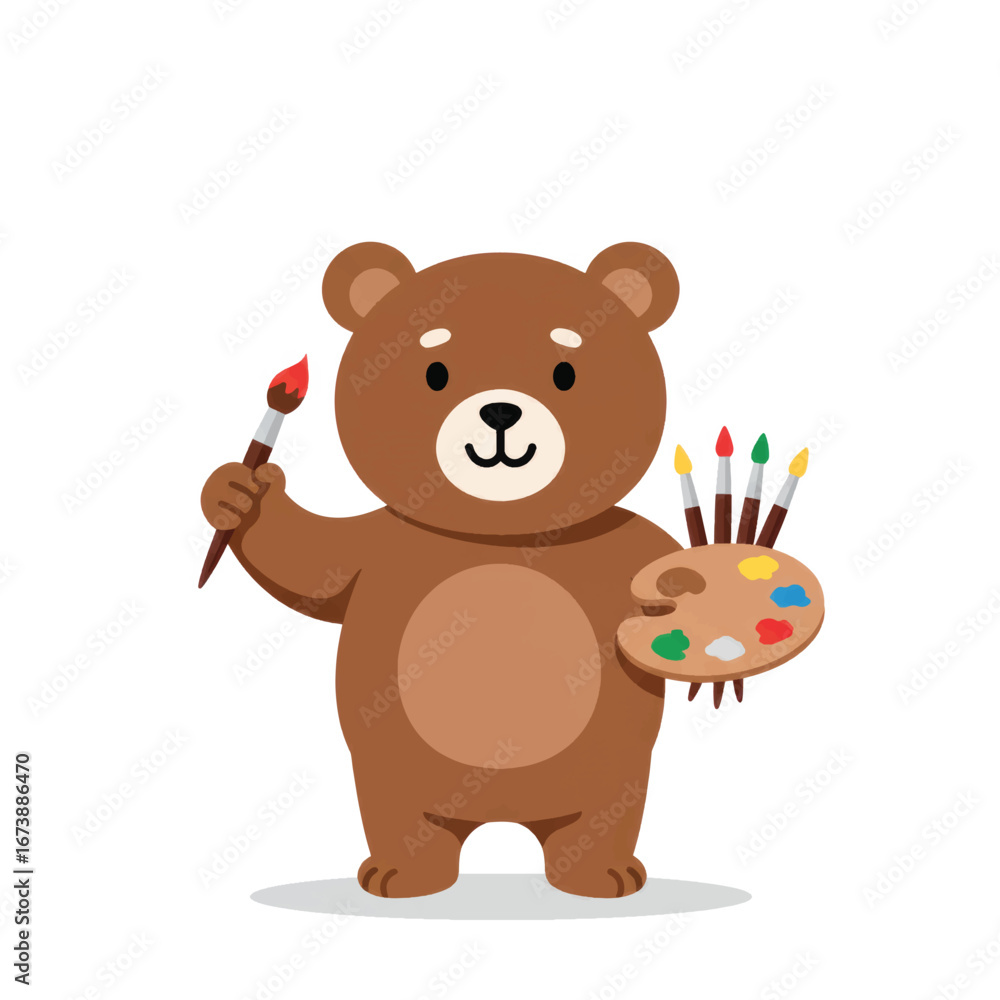 Fototapeta premium A charming cartoon brown bear artist holding a colorful paint palette and a red paintbrush.