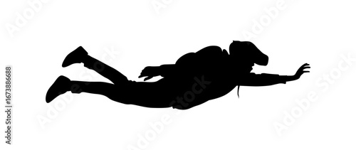 A dramatic silhouette of a person in freefall, arms and legs outstretched.