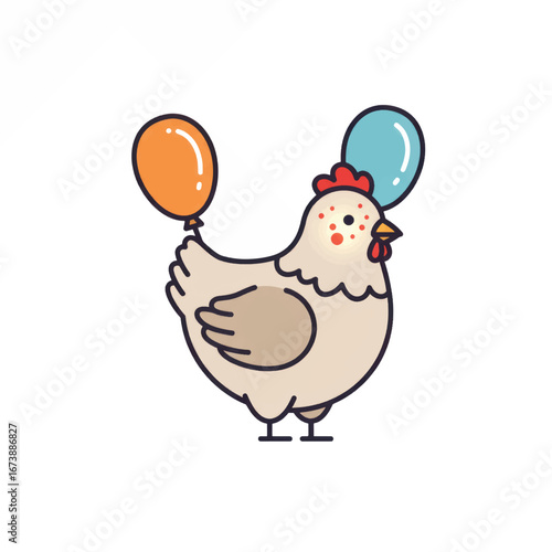 Cute cartoon hen with chickenpox spots holding festive orange and blue balloons.