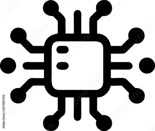 Simple black and white line art icon of a computer chip, representing the concept of processing power, data, and digital technology