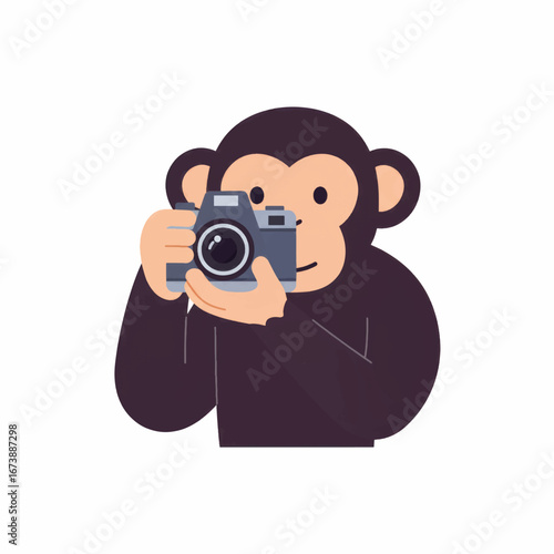 Cute cartoon chimpanzee photographer holding a vintage-style camera and taking a picture.