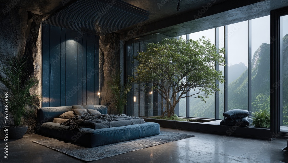 Fototapeta premium Modern Bedroom with Stone Walls and Panoramic View of Mountain Landscape