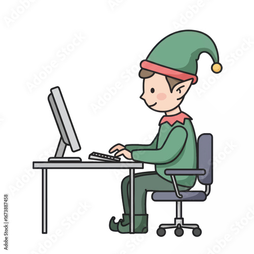 A cheerful cartoon Christmas elf in a green suit and hat sitting at a desk and typing on a computer keyboard.