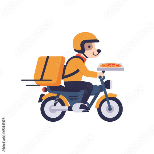 A cartoon dog courier in a yellow helmet and uniform riding a blue scooter delivering a pepperoni pizza in a box.