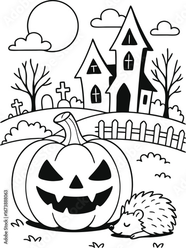 Halloween Coloring Page – Cute Pumpkin, Ghost, Witch, Bat & Haunted House Printable for Kids