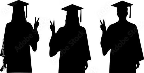 Silhouette of three graduates in caps and gowns making peace signs against a white background celebrating success | editable eps vectors
