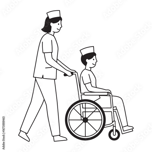 Nurse assisting patient in wheelchair with compassionate care.