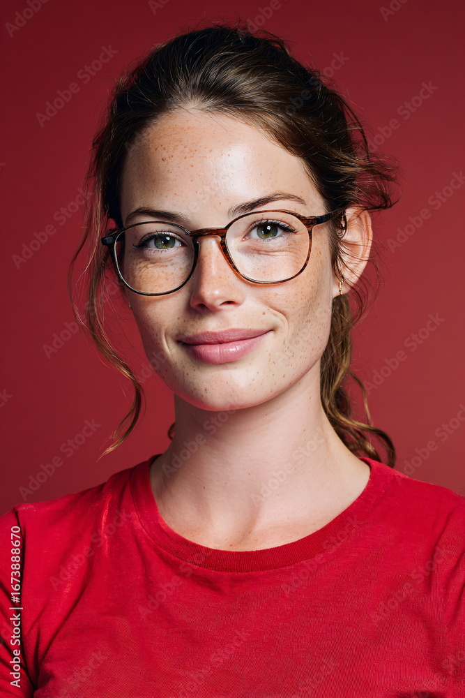 Obraz premium Ultra realistic full body portrait of female receptionist in red semi-formal attire