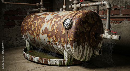 Old broken water heater tank has heavy traces of rust, scale, worn metal and corrosion needs repair and maintenance of hot water system