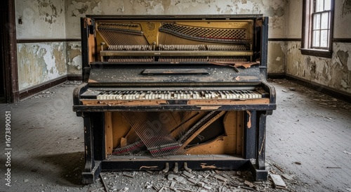 Decayed Piano in Abandoned Room, Broken Keys, Strings Visible.