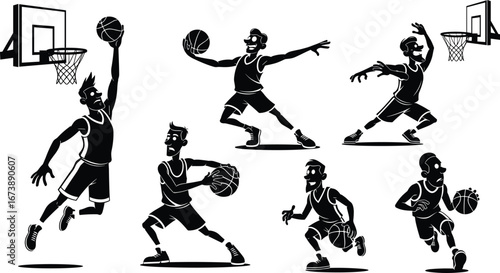 Basketball players silhouette illustration, slam dunk, dribbling, shooting, passing ball, team sport art, athletic movement, basketball game action clipart