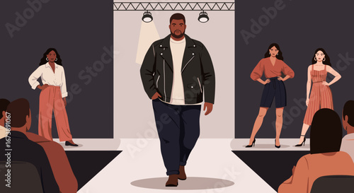 Plus-size male model showcasing fashion on runway, promoting inclusivity and diversity in the fashion industry