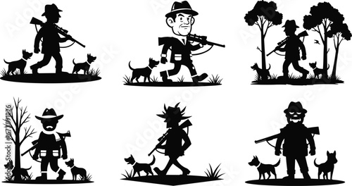 Black hunting man silhouette with rifle and dog, outdoor forest and field scenes, wildlife sport concept, vintage hunter illustration set