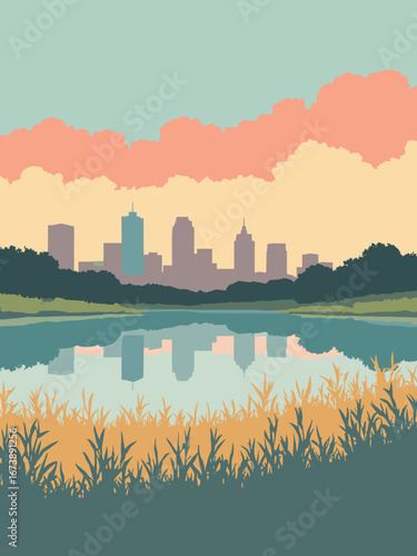 Grand Prairie, TX – lakeside park with prairie grasses and skyline, palette: prairie gold, lake teal, cottonwood gray, sunset coral