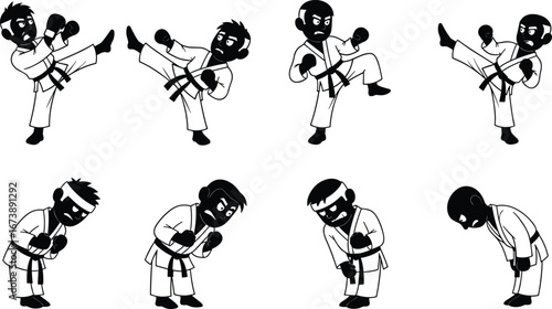 Black karate martial artist silhouettes in action poses, kicks, stances, bowing, discipline, training, sports illustration set for self‑defense concepts