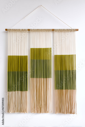 A contemporary textile art piece showcasing gradient colors and natural fibers, perfect for modern home decor.