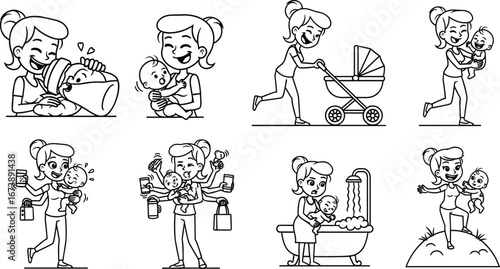 Black mother with baby silhouettes in parenting activities, childcare, daily routines, joy, multitasking, outdoor scenes, family love, illustration set