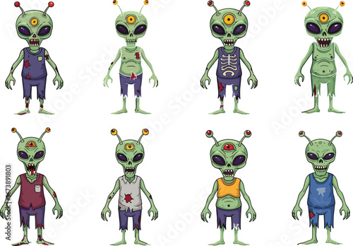 Cartoon scary aliens with glowing eyes, creepy extraterrestrial monsters, fantasy space characters, horror alien illustration, science fiction creatures