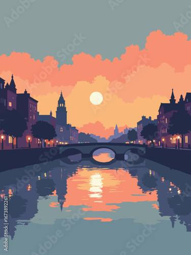 Providence, RI – river with WaterFire braziers, arched bridges and historic mills, palette: ember orange, river gray, brick, twilight