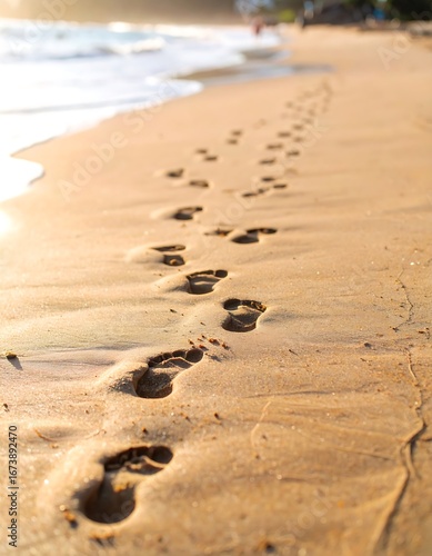 A tranquil beach scene displays a trail of footprints in the soft, golden sand, leading towards the ocean waves.