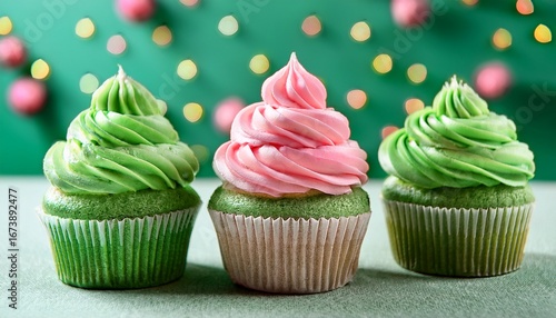 green and pink frosted cupcakes