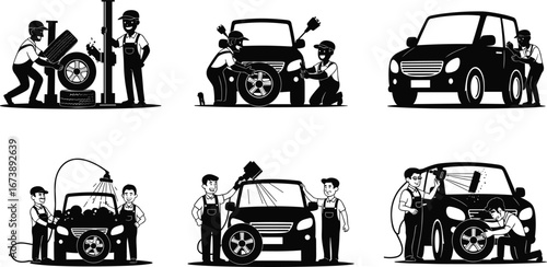 Cartoon mechanics repairing cars, washing, changing tires, performing maintenance, automotive workers illustration, garage service vector design set