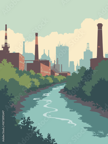 Akron, OH – Cuyahoga Valley approach with industrial relics and river curve, palette: factory gray, river teal, rust, moss