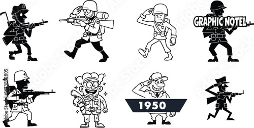Cartoon soldiers in military uniforms, armed troops, saluting soldiers, vintage army, WWII style, cartoon army characters, military illustrations