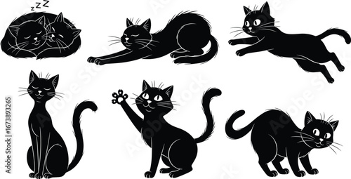 Cat silhouettes, sleeping, stretching, jumping, sitting, waving, crouching, black white vector, feline poses, pet behavior art, domestic animal icons