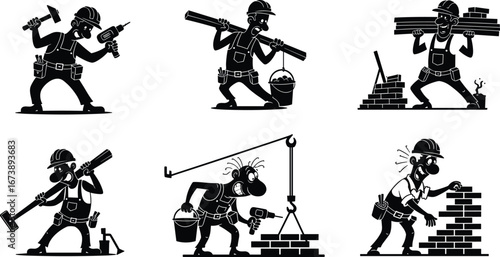 Construction workers in dynamic cartoon style, black and white illustrations, building tasks, tools, teamwork, humorous poses, physical labor scenes for stock