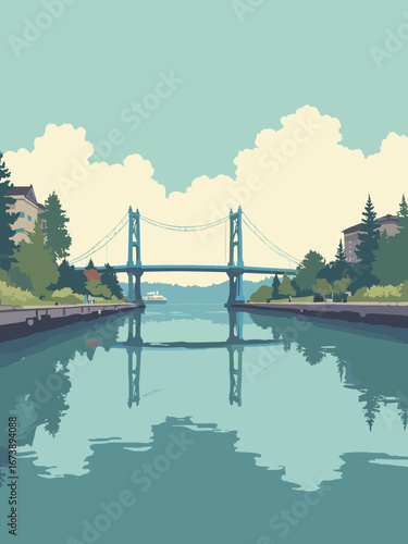 Tacoma, WA – waterfront with Tacoma Narrows Bridge and Museum of Glass reflections, palette: harbor teal, glass silver, driftwood, slate